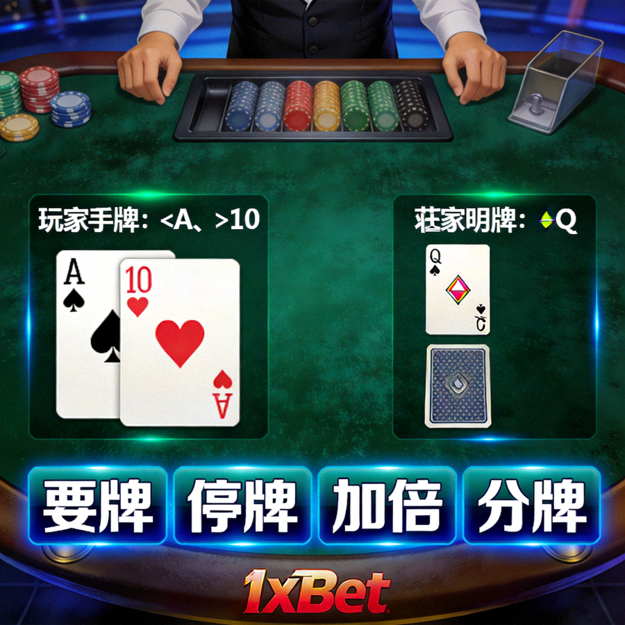 1xBet 電子黑傑克遊戲桌畫面，顯示玩家與莊家手牌及操作選項